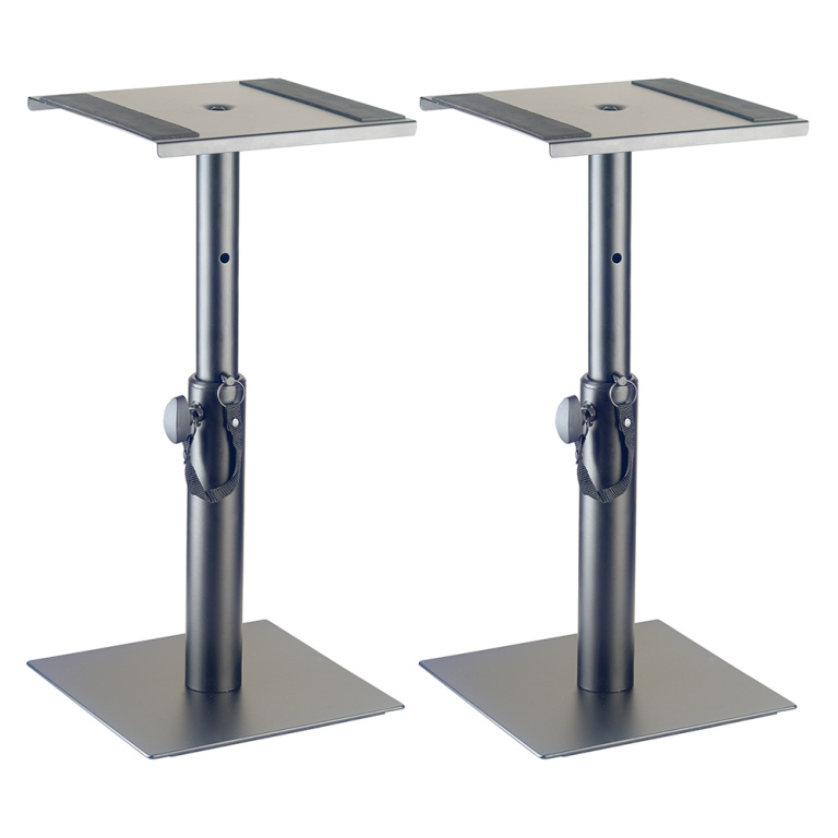 Two height-adjustable monitor or light stands (short)